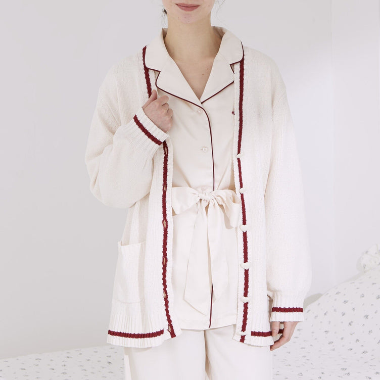 Heart Button Stripe Cardigan In Ivory