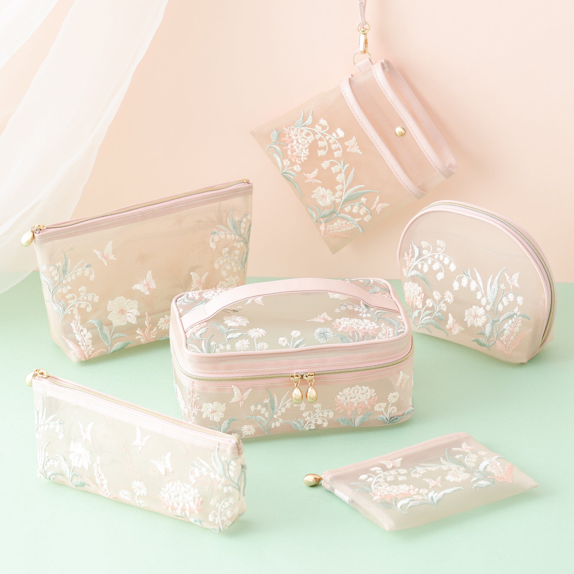 Mesh Embroidery Pouch Small Pink