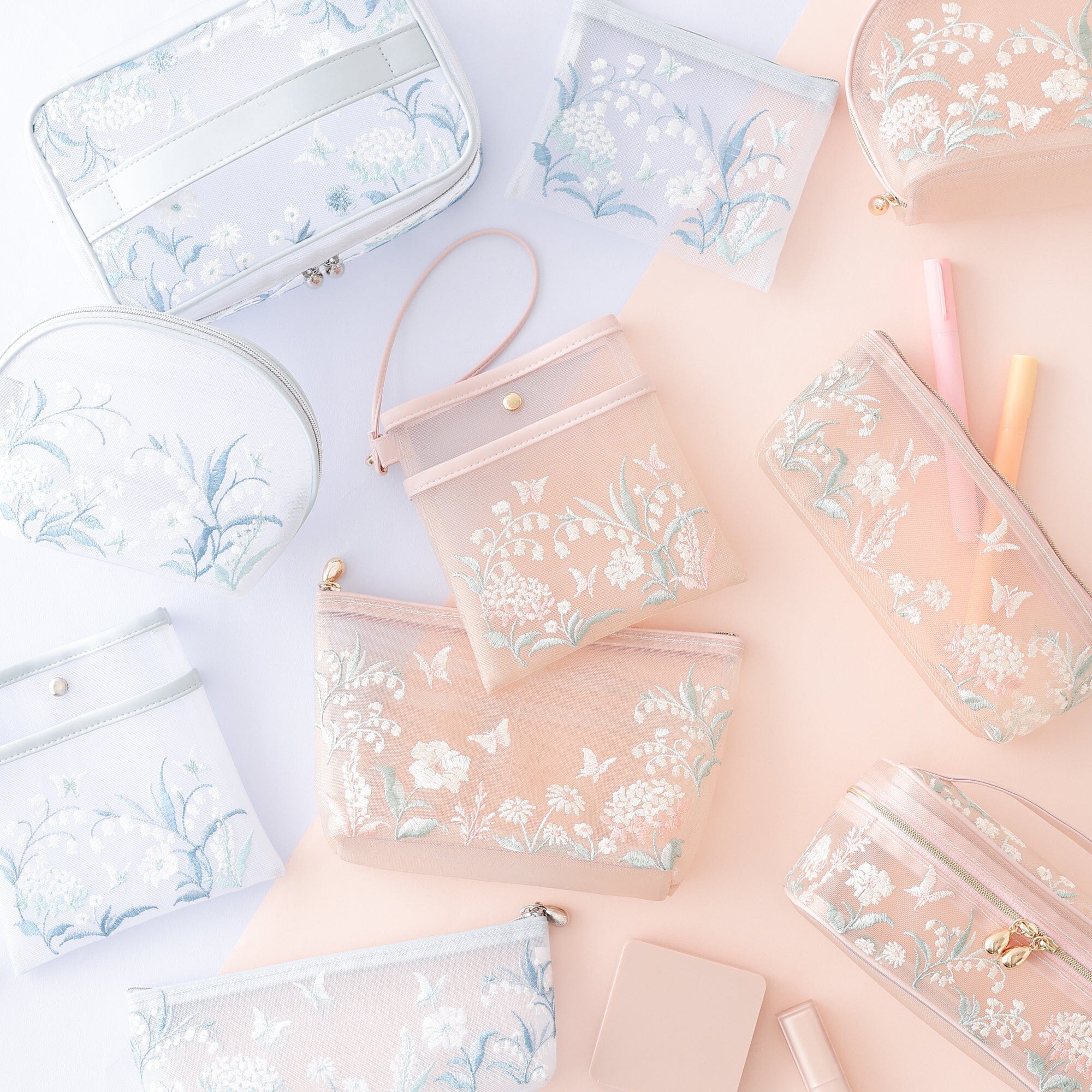 Mesh Embroidery Mini Flat Pouch Pink