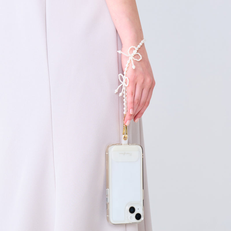 Smartphone hand strap pearl ribbon white