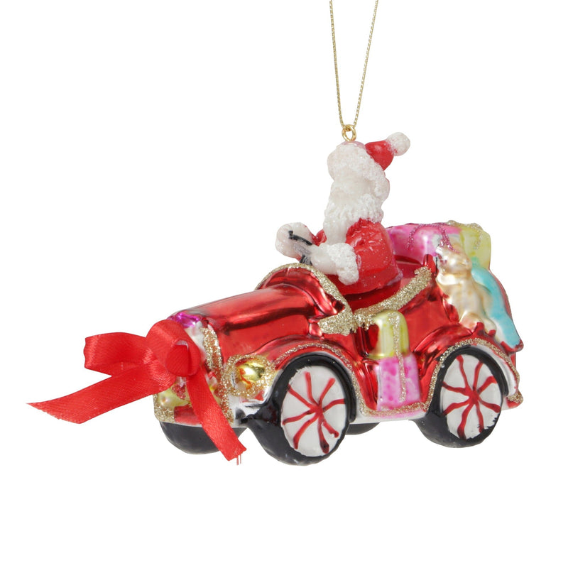 Glass Ornament Santa Car